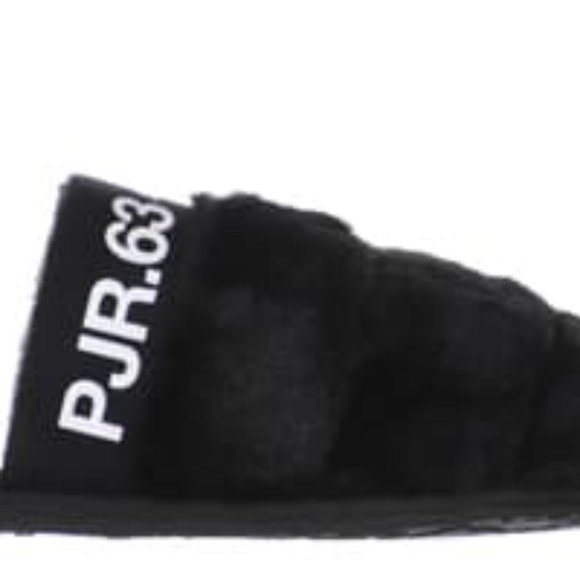 NEW Pajar Women Stevie Black Vegan Plush Faux Fur Cozy Slipper Text Print Trim - Picture 3 of 5